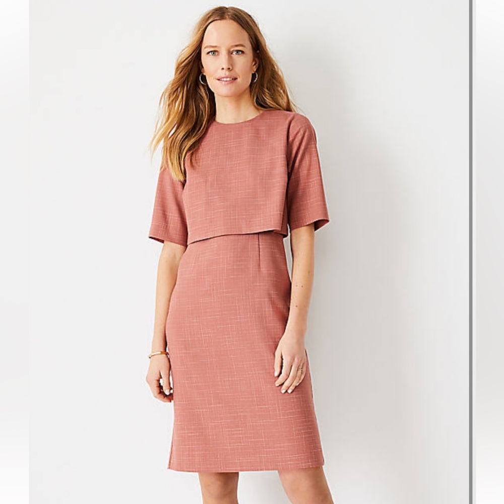 The Petite Elbow Sleeve Overlay Sheath Dress in Crosshatch Ann Taylor